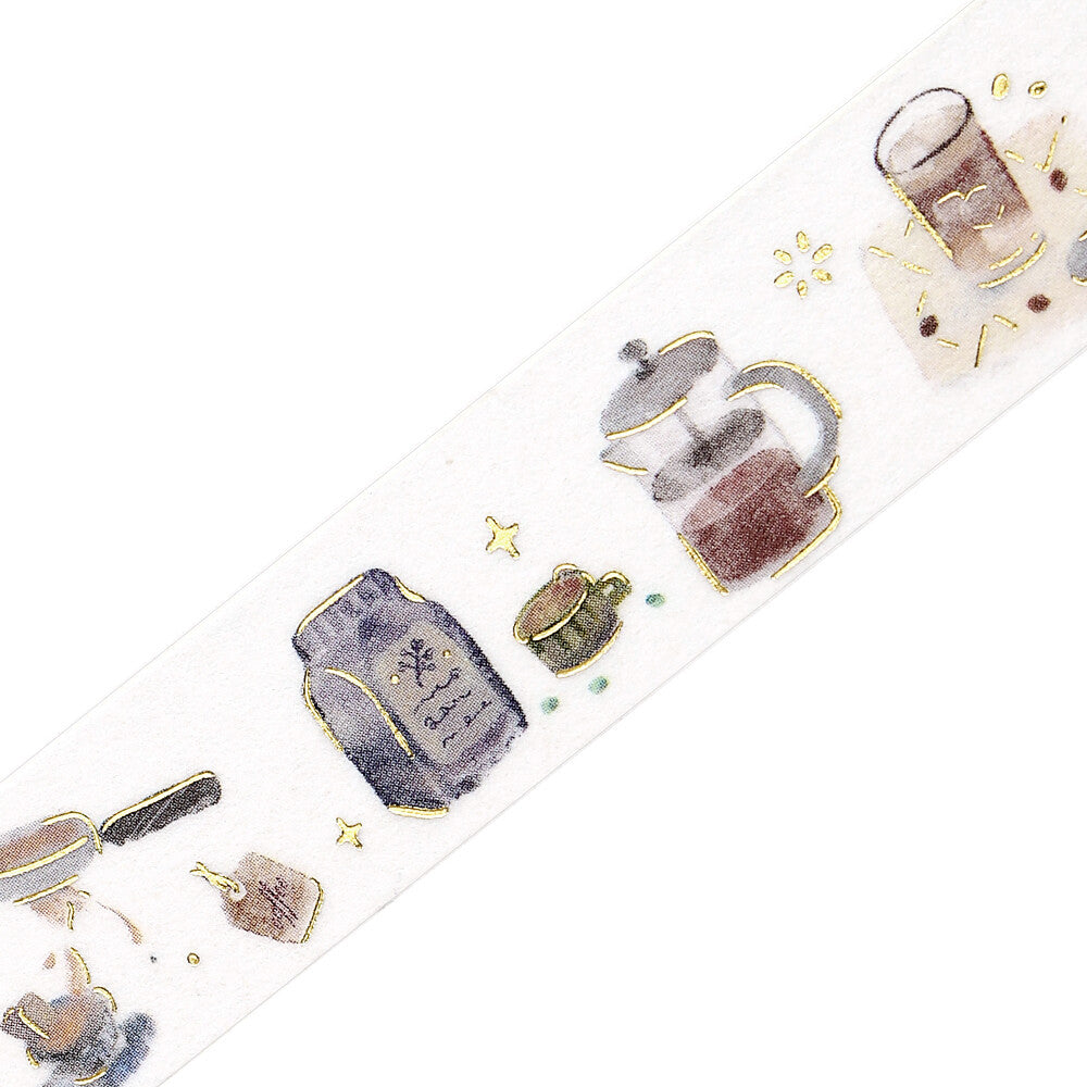 Decorative paper strip with tea-themed illustrations on a white background