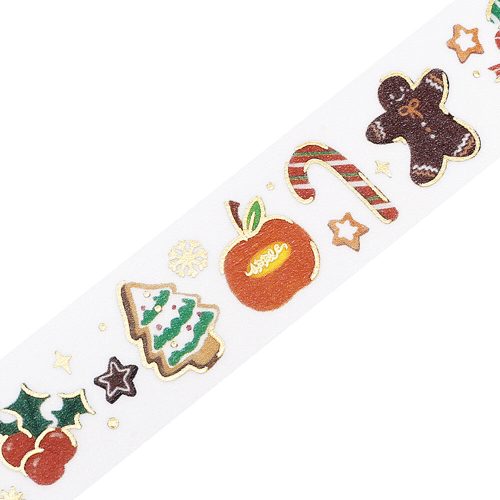 Sheet of Christmas-themed washi tape with cookies, candy canes, and holly on a white background.