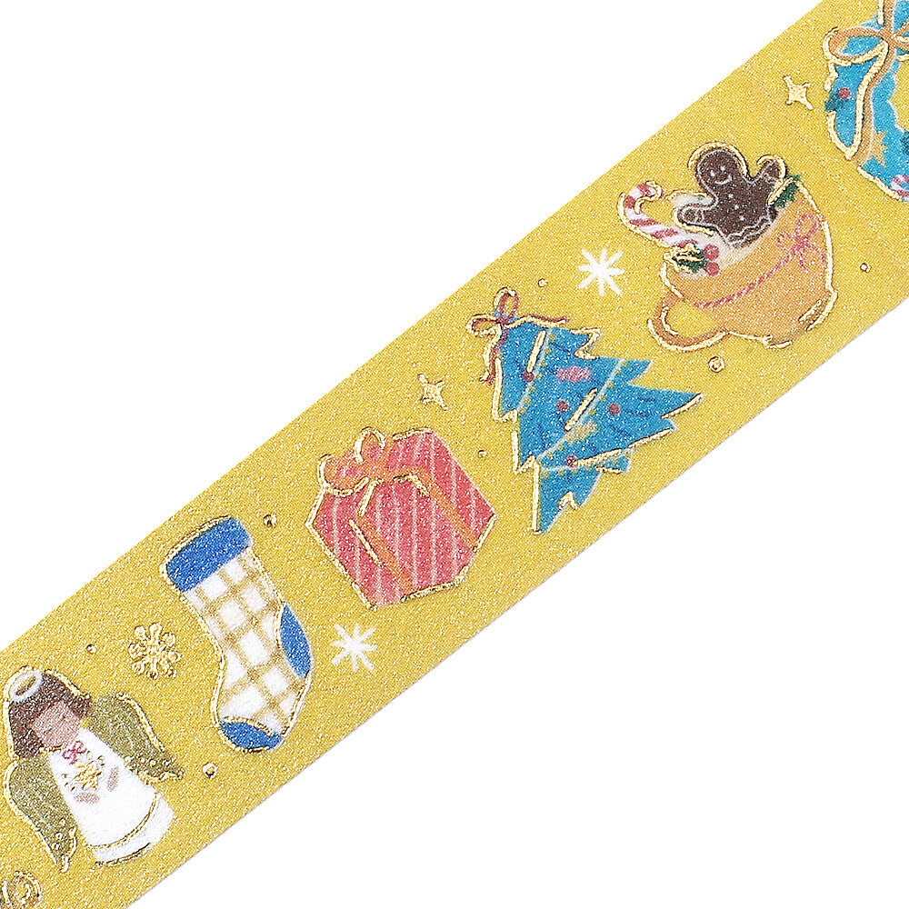 Washi tape with Christmas-themed designs on a yellow background