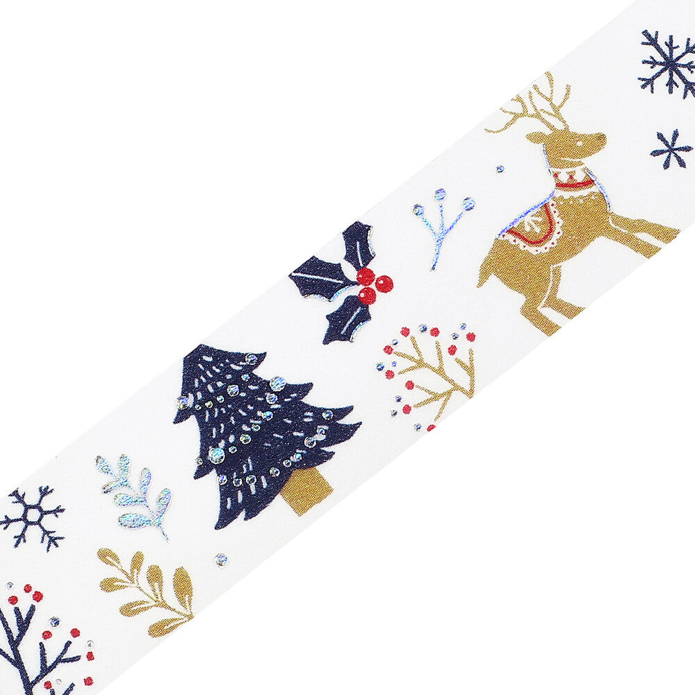 Washi tape with reindeer, holly, and snowflake patterns on a white background