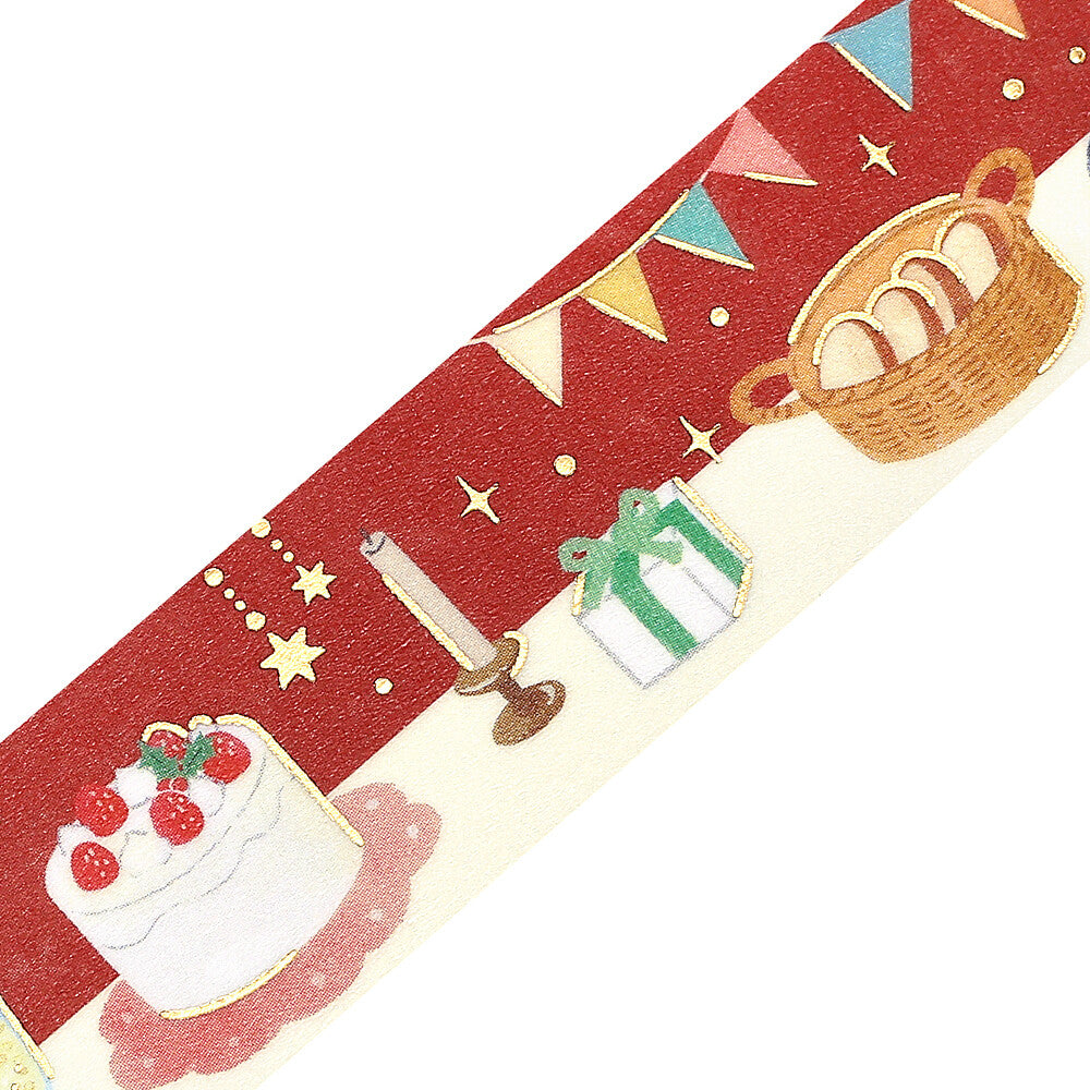 Decorative washi tape strip with festive illustrations including a cake, gift, and basket on a red background.