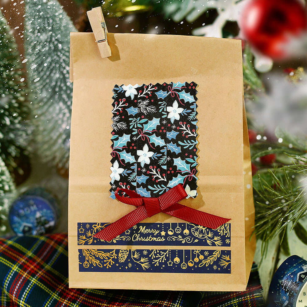 Brown paper bag with Christmas design featuring a bow and 'Merry Christmas' text, against a festive background.