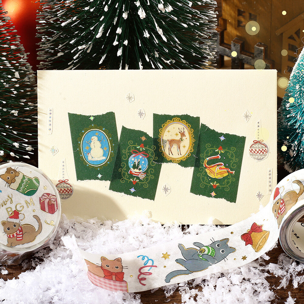 Decorative paper with festive designs and ribbons on a Christmas-themed background