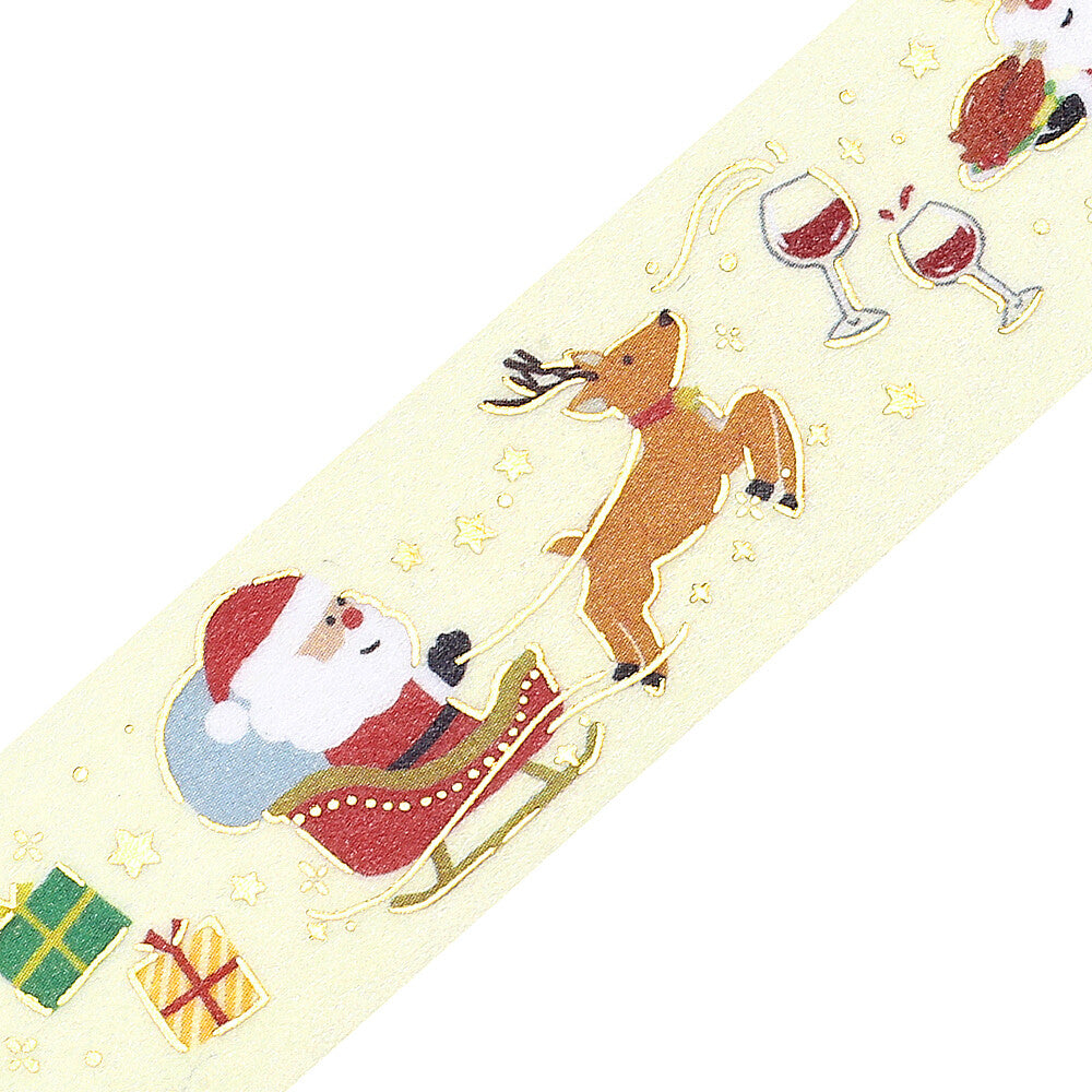 Decorative washi tape with Santa Claus, reindeer, and wine glasses on a white background