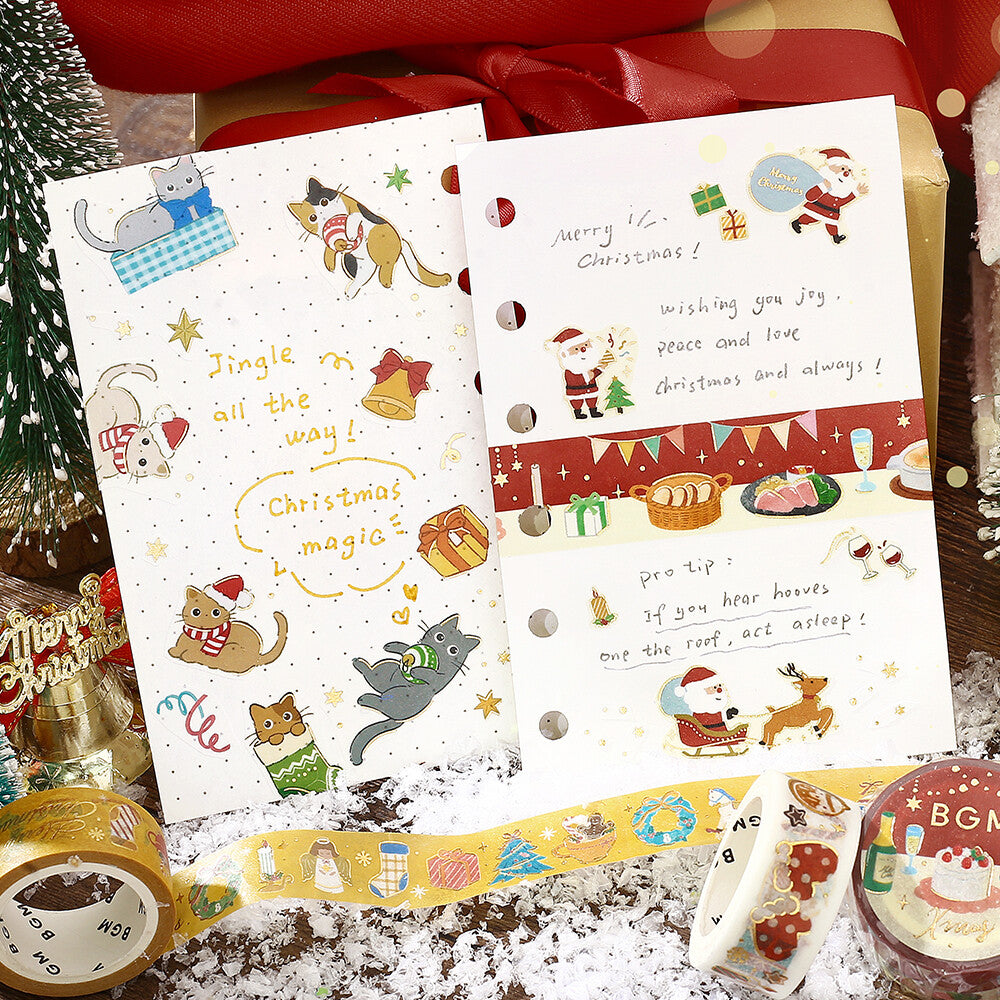 Two Christmas-themed greeting cards with festive designs on a decorative background.