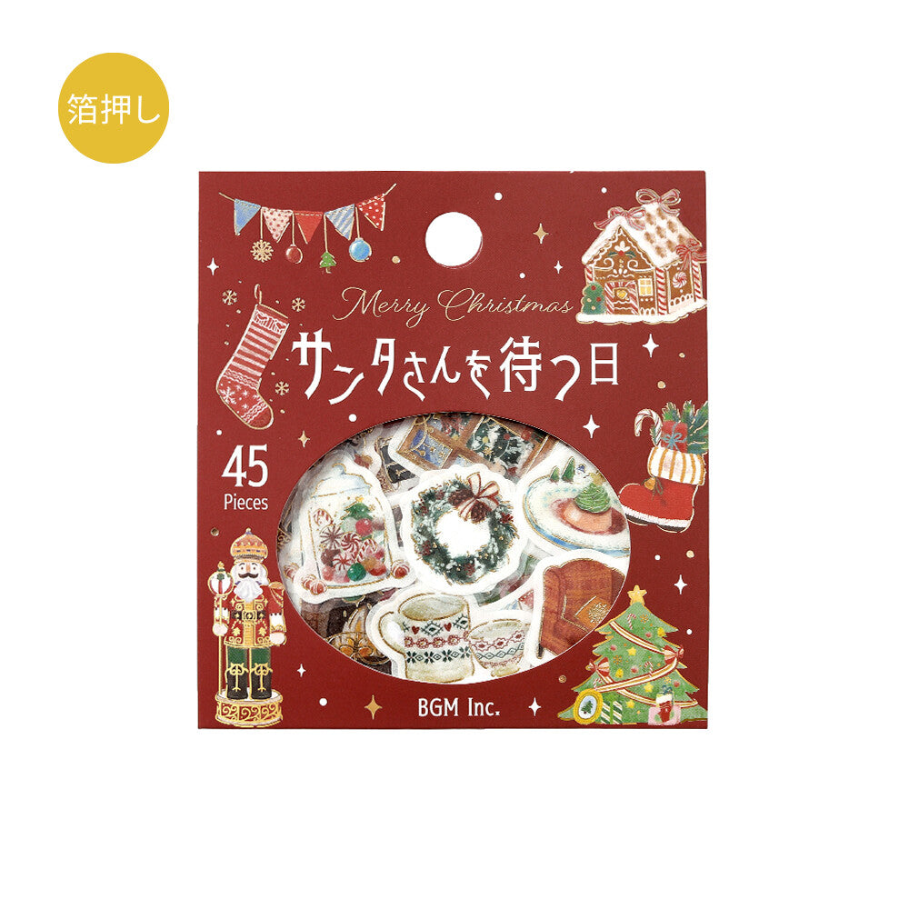 Christmas-themed product packaging with illustrations and text on a red background