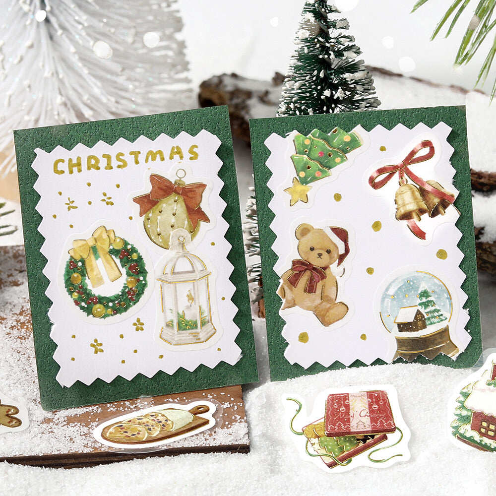 Two Christmas-themed greeting cards with festive illustrations on a snowy background.
