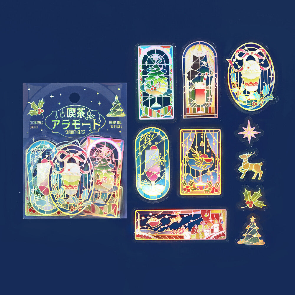 Set of Christmas-themed stickers with decorative designs on a dark blue background