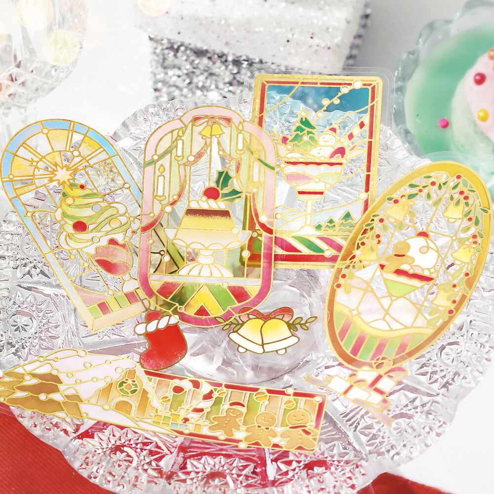 Decorative Christmas card with colorful design on a textured white background