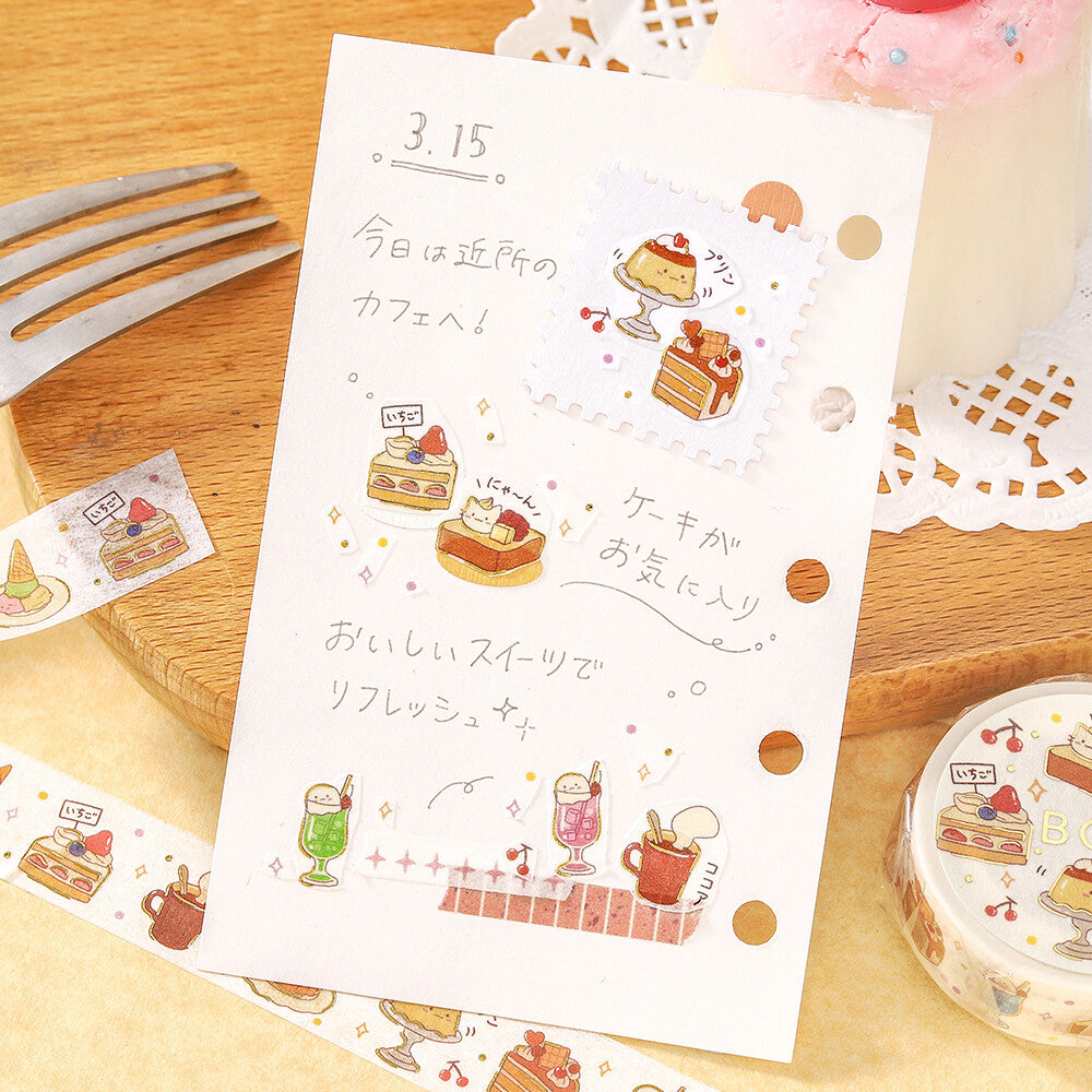 Stationery set with cute illustrations of desserts on a wooden surface