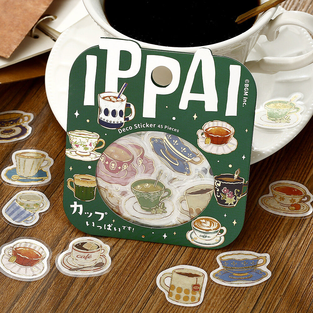 IPPAI decal sticker set with coffee-themed designs on a wooden surface.
