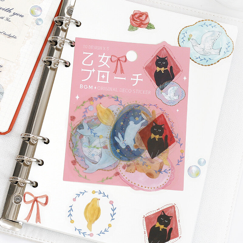 BGM - Clear PET Stickers, maiden brooch animals, pink, used in binder