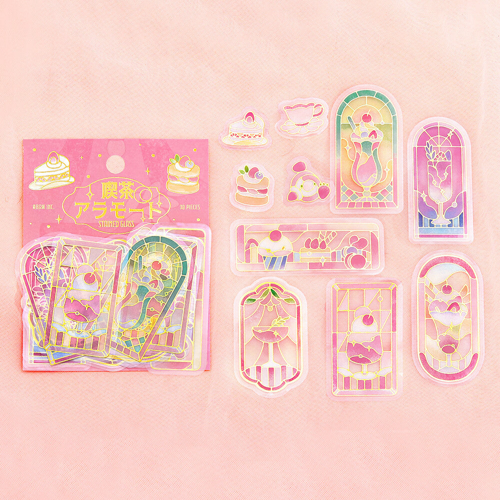 BGM - PET sticker flakes, Coffee a la mode, stained glass pink, gold foil, design