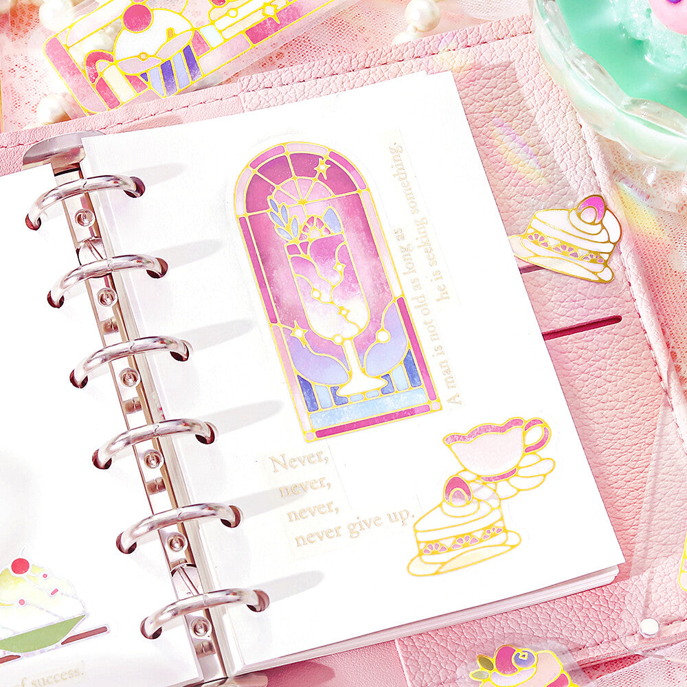 BGM - PET sticker flakes, Coffee a la mode, stained glass pink, gold foil, in use