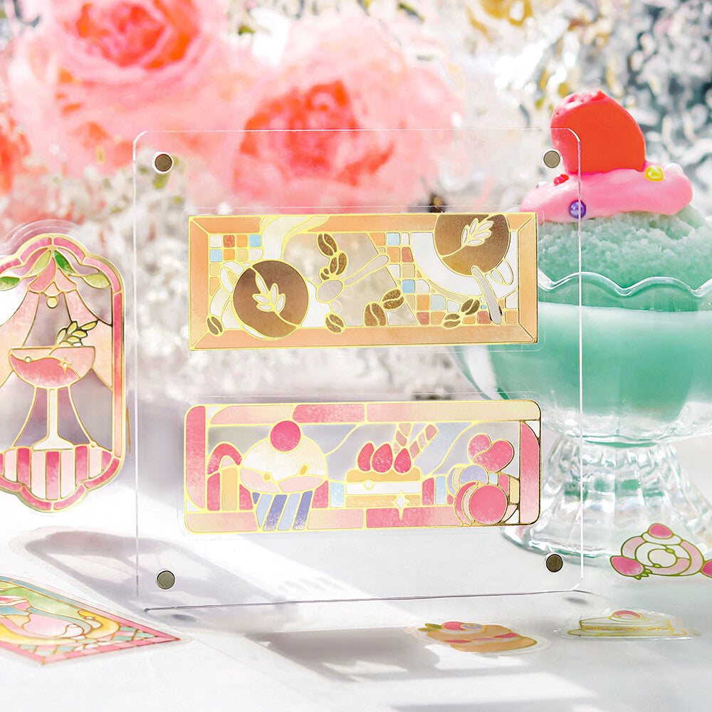 BGM - PET sticker flakes, Coffee a la mode, stained glass pink, gold foil, sample use