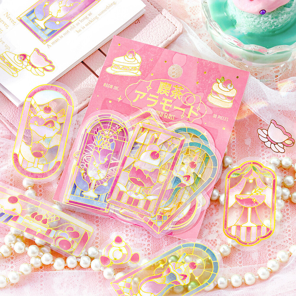 BGM - PET sticker flakes, Coffee a la mode, stained glass pink, gold foil, product front
