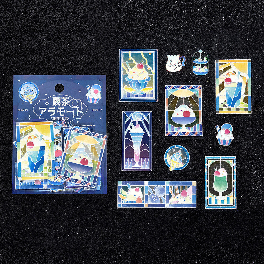 BGM - PET sticker flakes, Coffee a la mode, stained glass blue, silver foil, designs