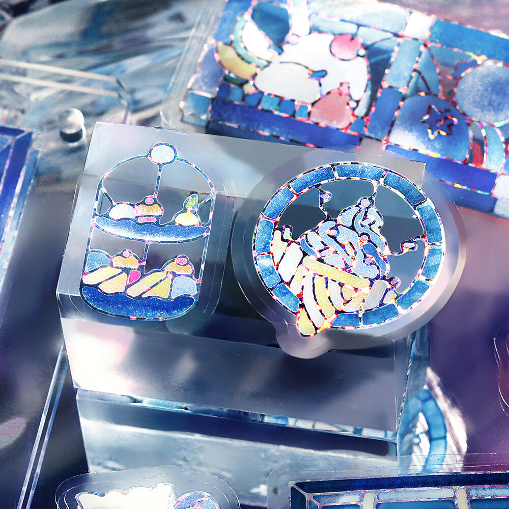 BGM - PET sticker flakes, Coffee a la mode, stained glass blue, silver foil, decoration