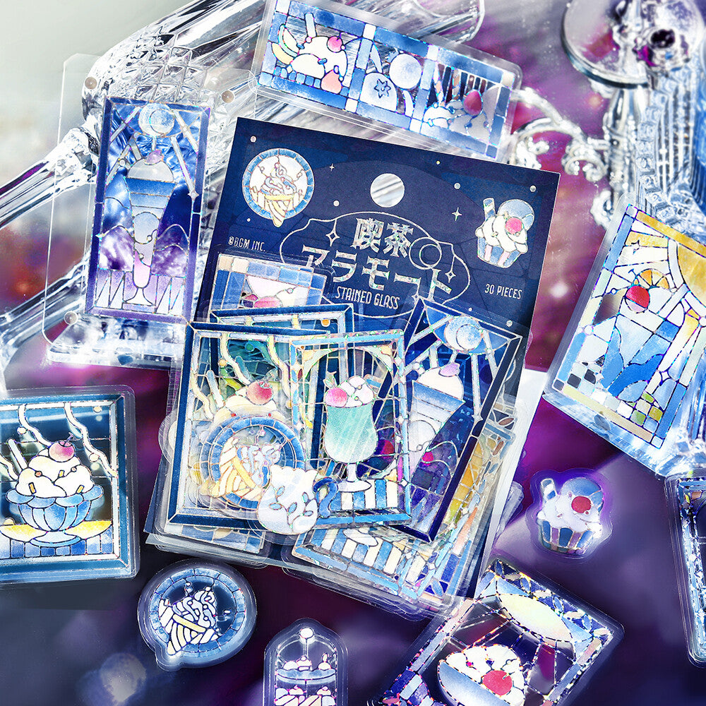 BGM - PET sticker flakes, Coffee a la mode, stained glass blue, silver foil, product front
