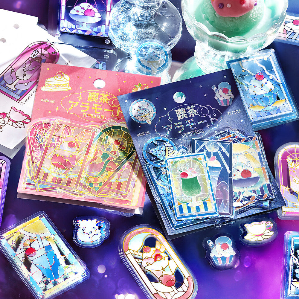 BGM - PET sticker flakes, Coffee a la mode, stained glass blue, silver foil, pink and blue designs