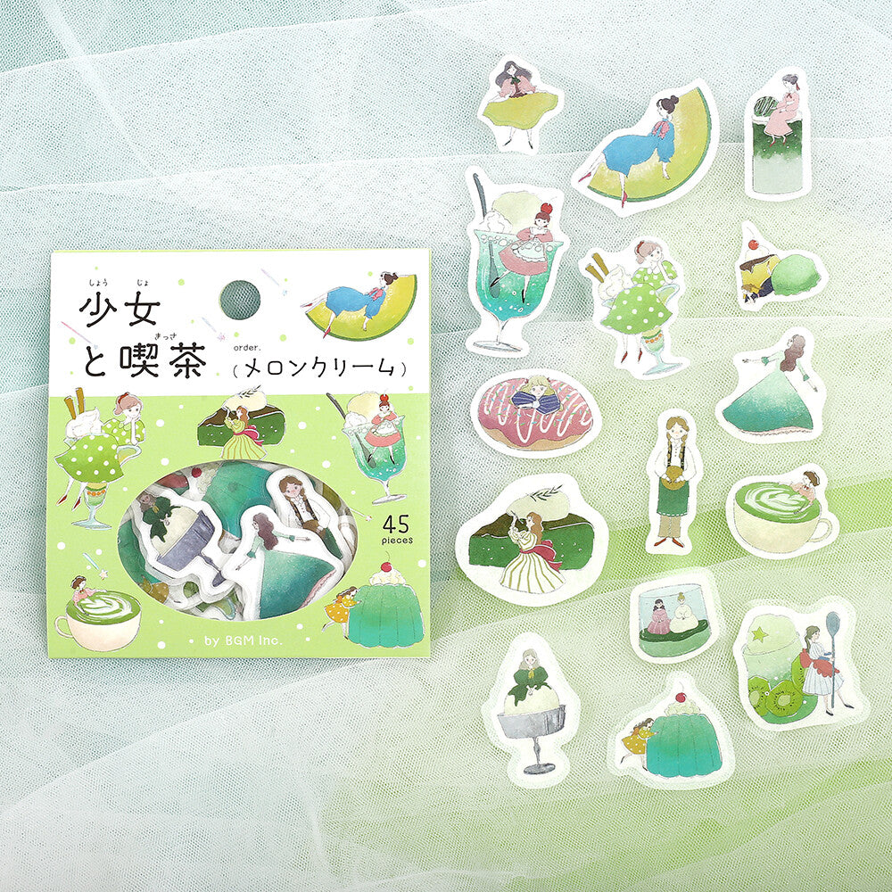 Set of illustrated stickers featuring characters and drinks on a green background with packaging.