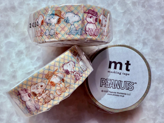 Two rolls of mt Peanuts masking tape on a textured gray background