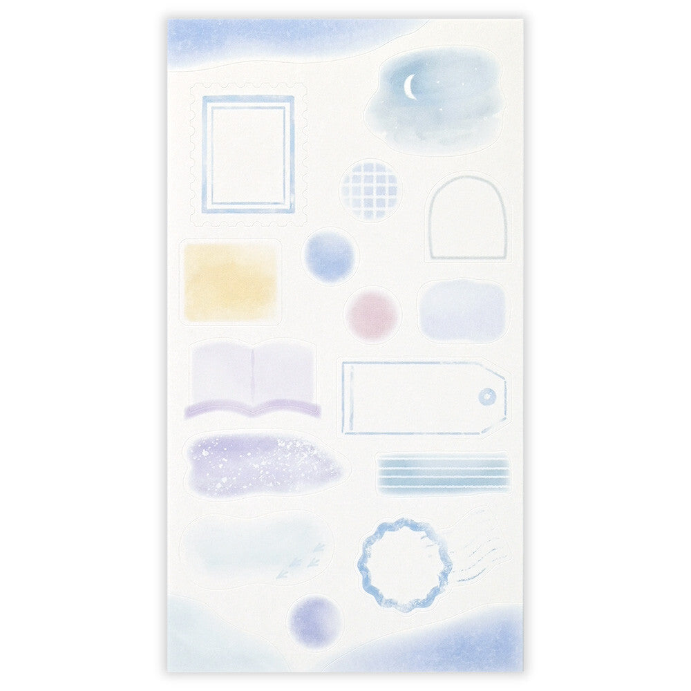 Sheet of decorative stickers with various shapes and patterns on a white background