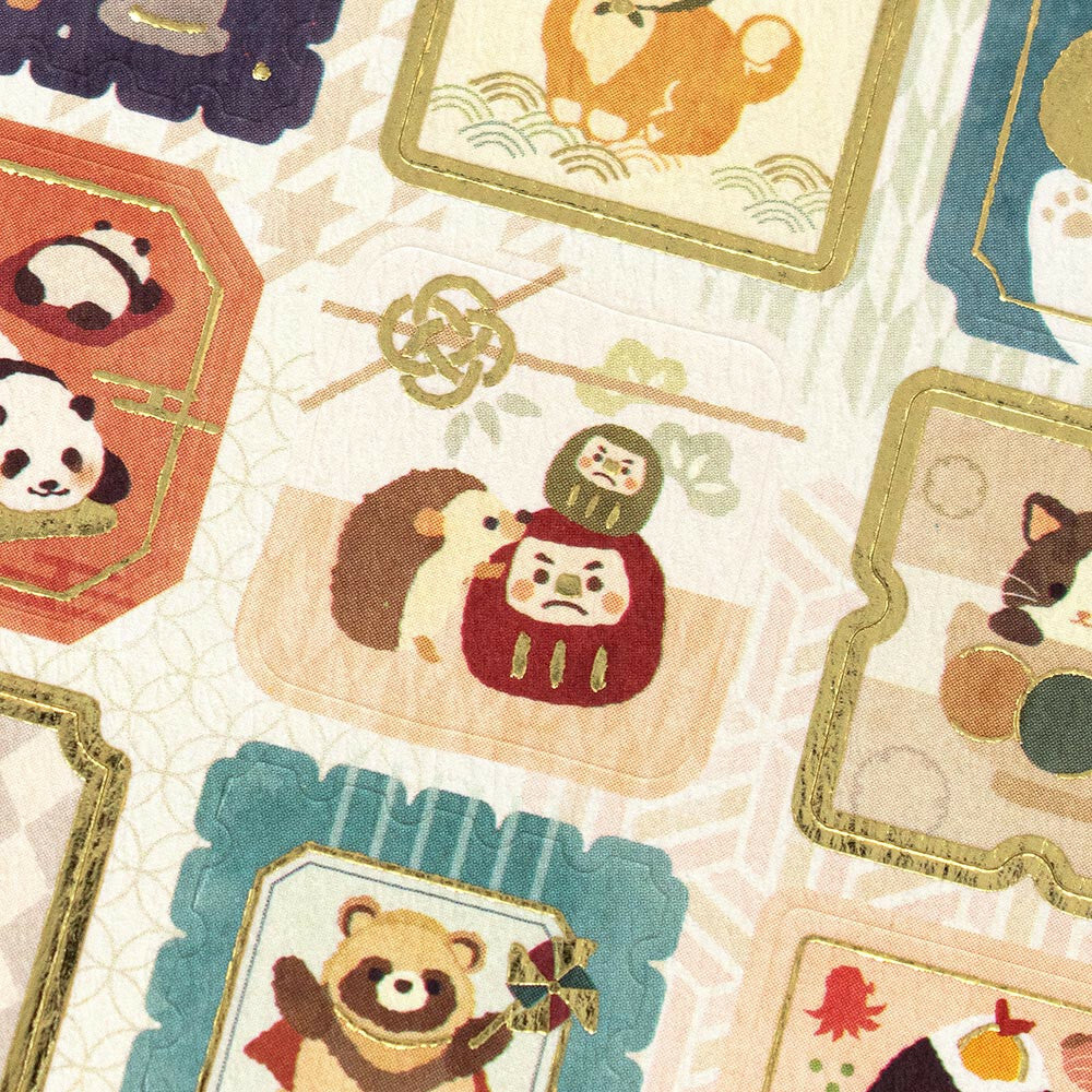 Patterned fabric with cartoon animals and decorative elements on a beige background