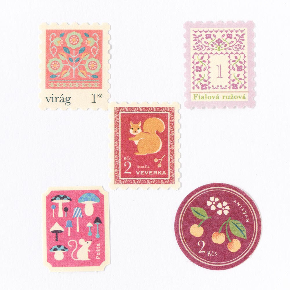 Set of decorative stamps with illustrations and text on a white background