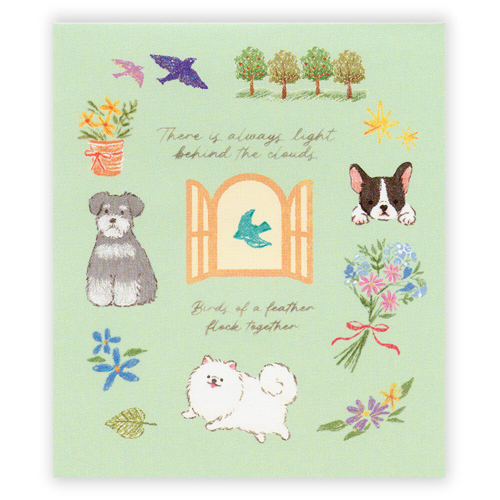 Card with illustrations of dogs, flowers, and nature on a light green background.