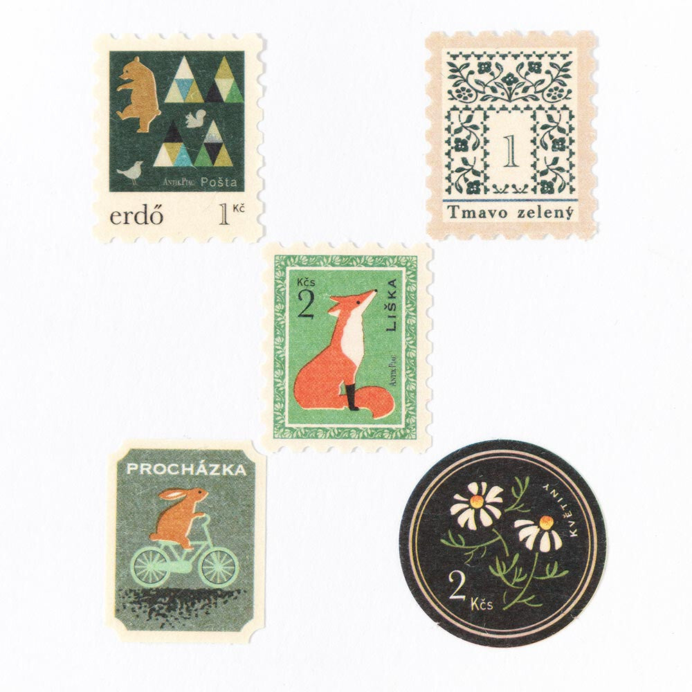 Collection of vintage-style postage stamps with animal illustrations on a white background