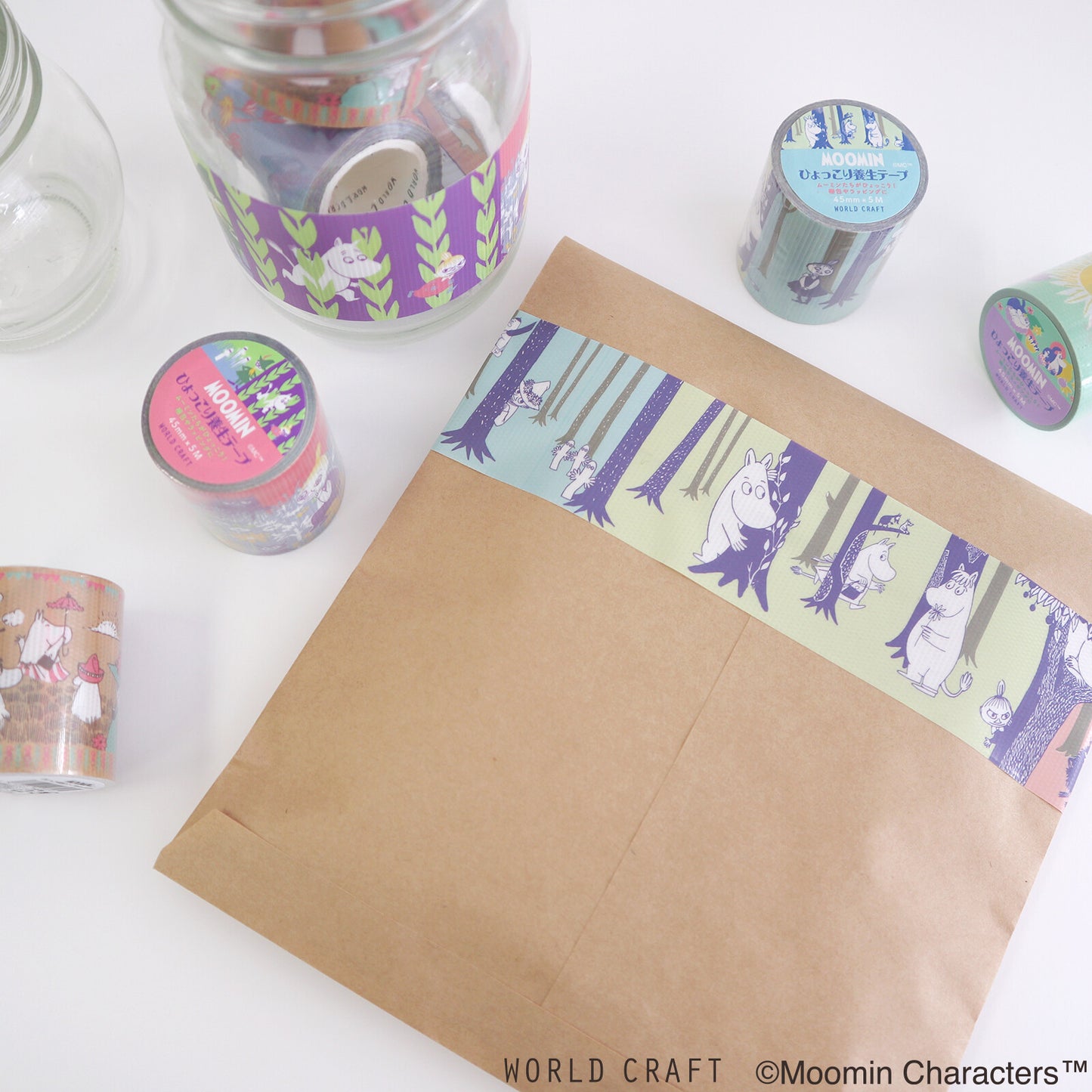 Decorative tape with cartoon characters on a brown paper bag and jars.