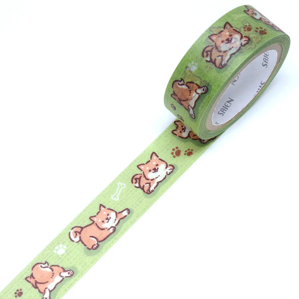 Washi tape roll with Shiba dog decoration on a white background