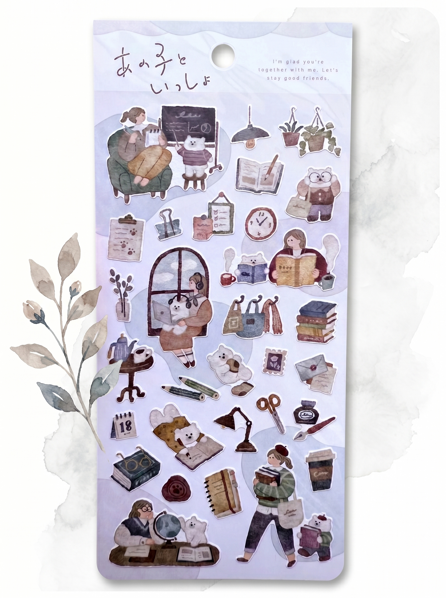 Sticker sheet with illustrated characters and objects on a white background