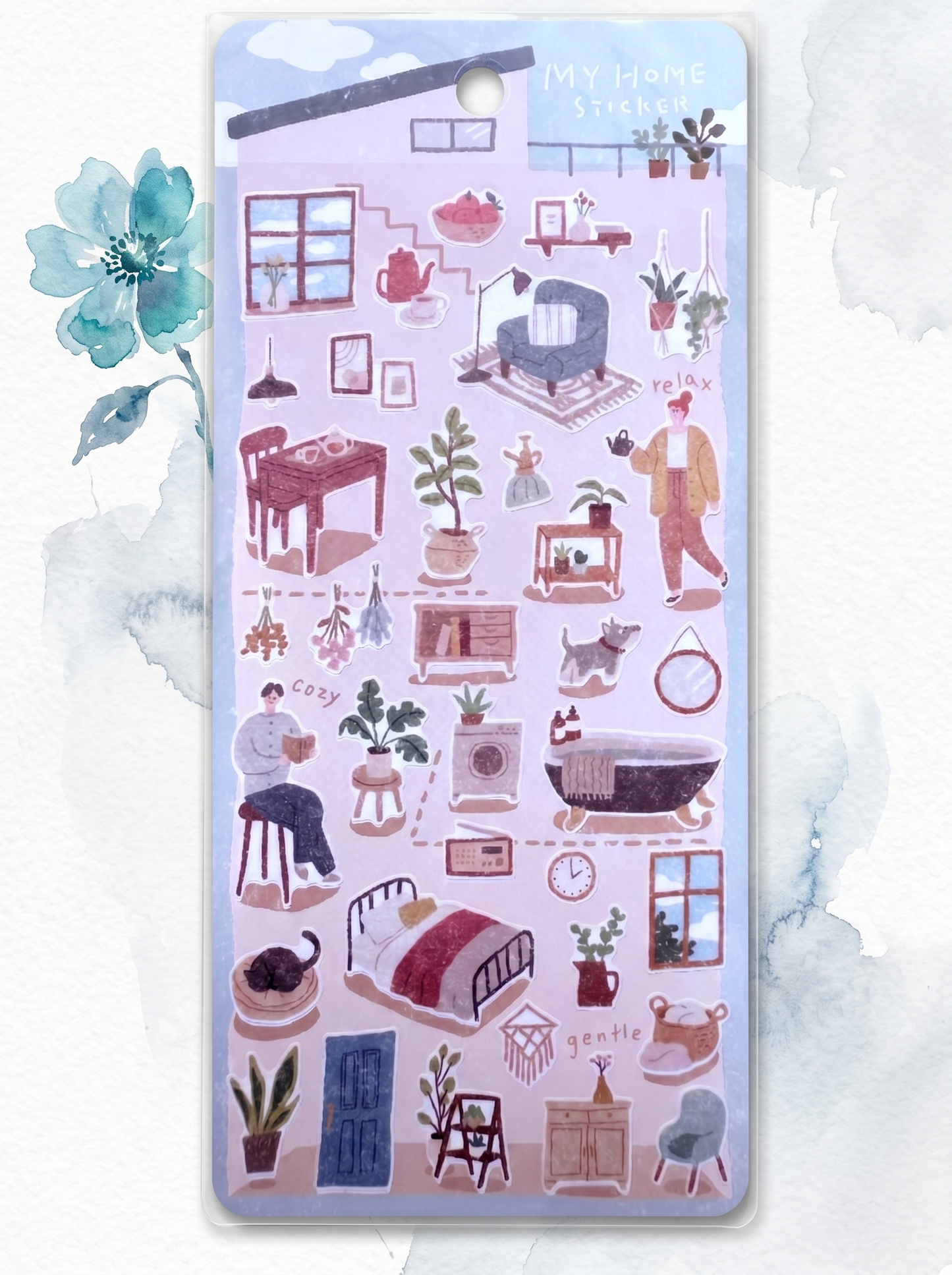 Sticker sheet with illustrations of daily life scenes on a white background