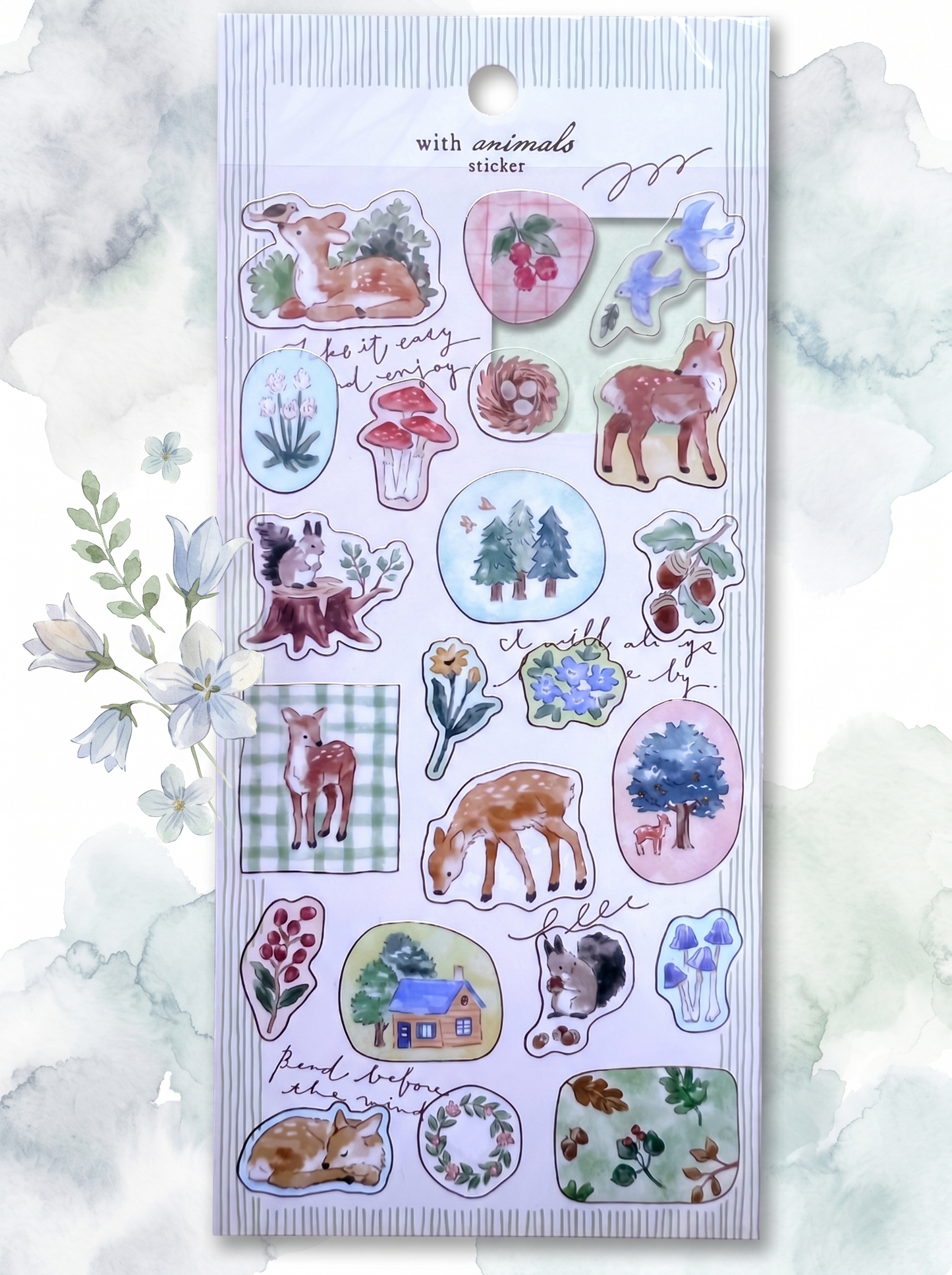 Pack of stickers with various designs including animals and nature elements on a white background.