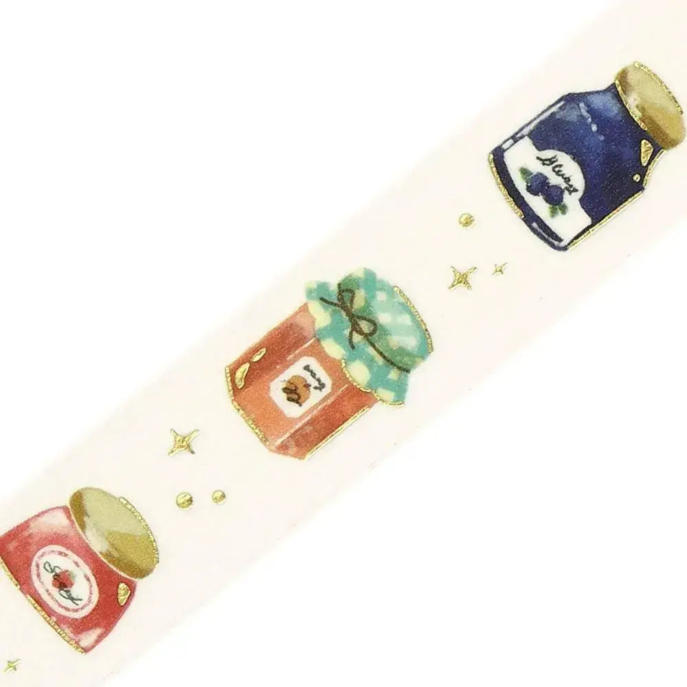 Line of washi tape with jam decorations in different flavours with gold foil on a white background