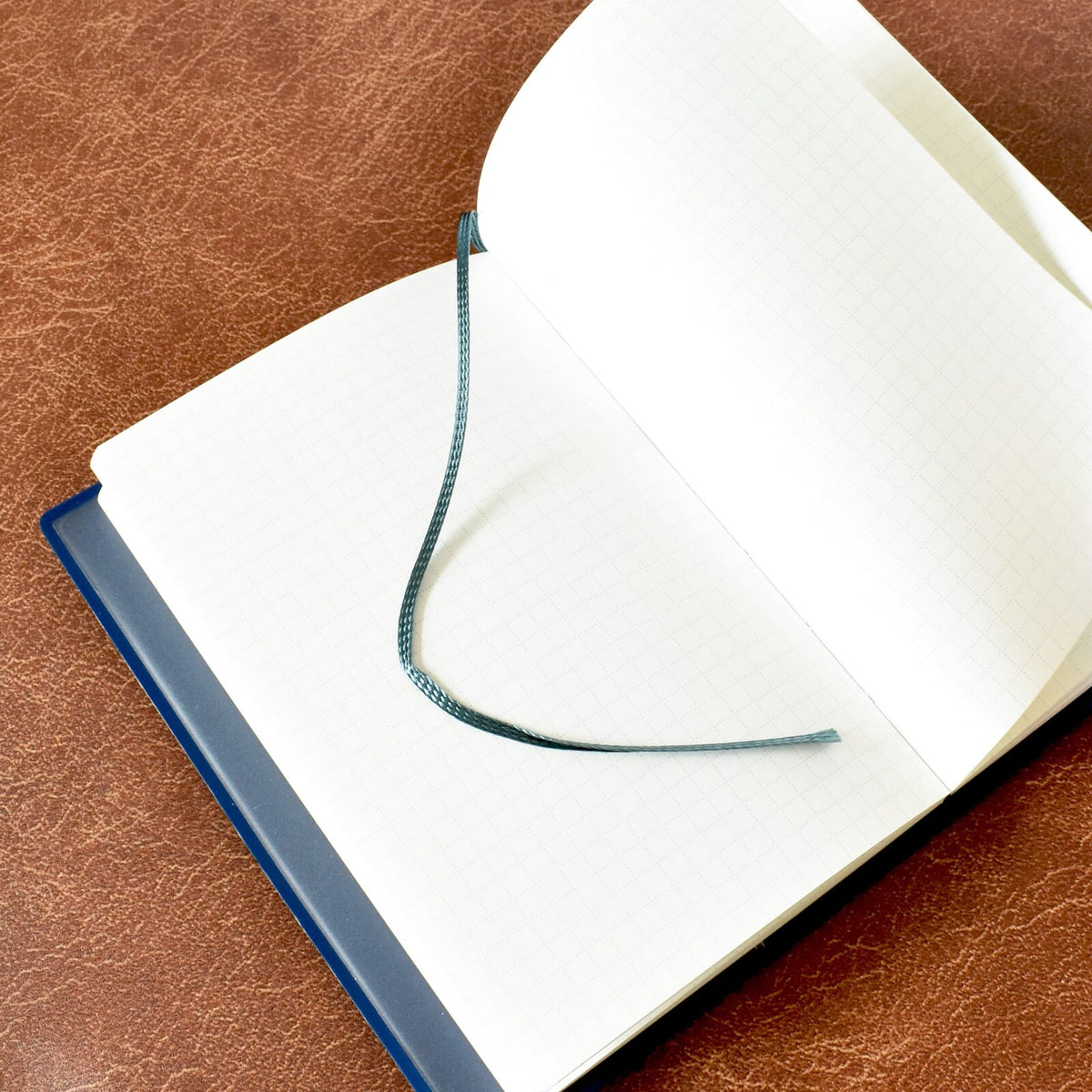 Open blue plastic covered notebook with gold foil design on a leather background