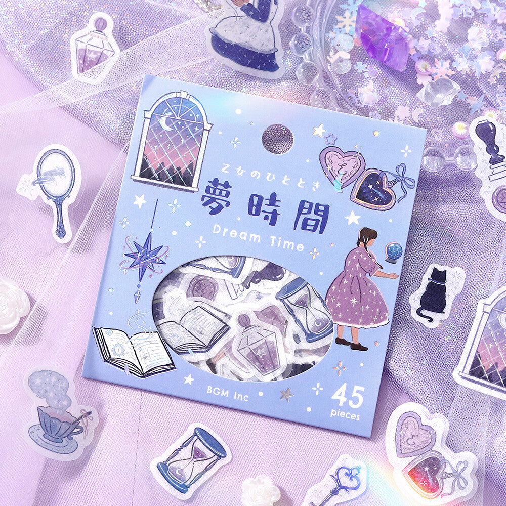 Sticker set with 'Dream Time' theme on a purple background