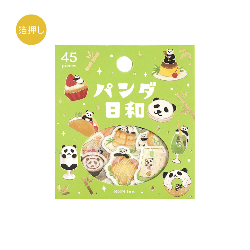 Packaging of panda-themed stickers with illustrations on a green background