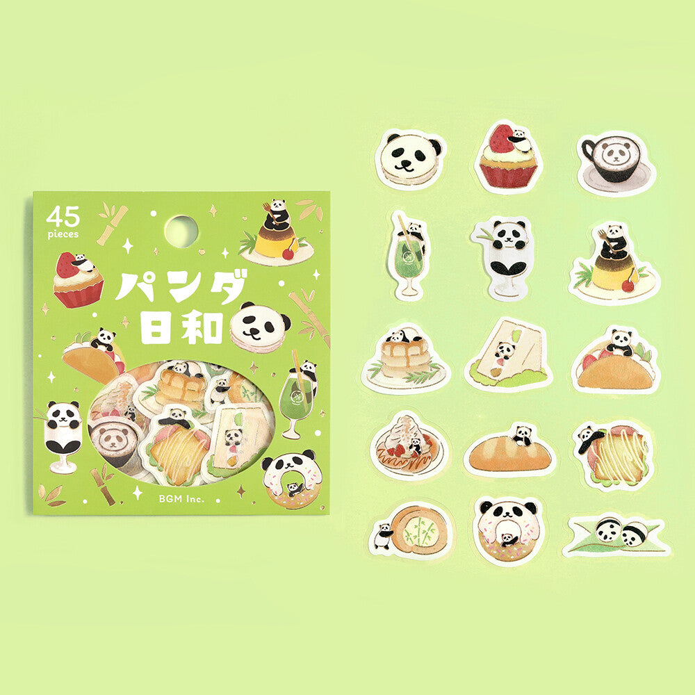 Set of panda-themed stickers with a green packaging box on a light green background