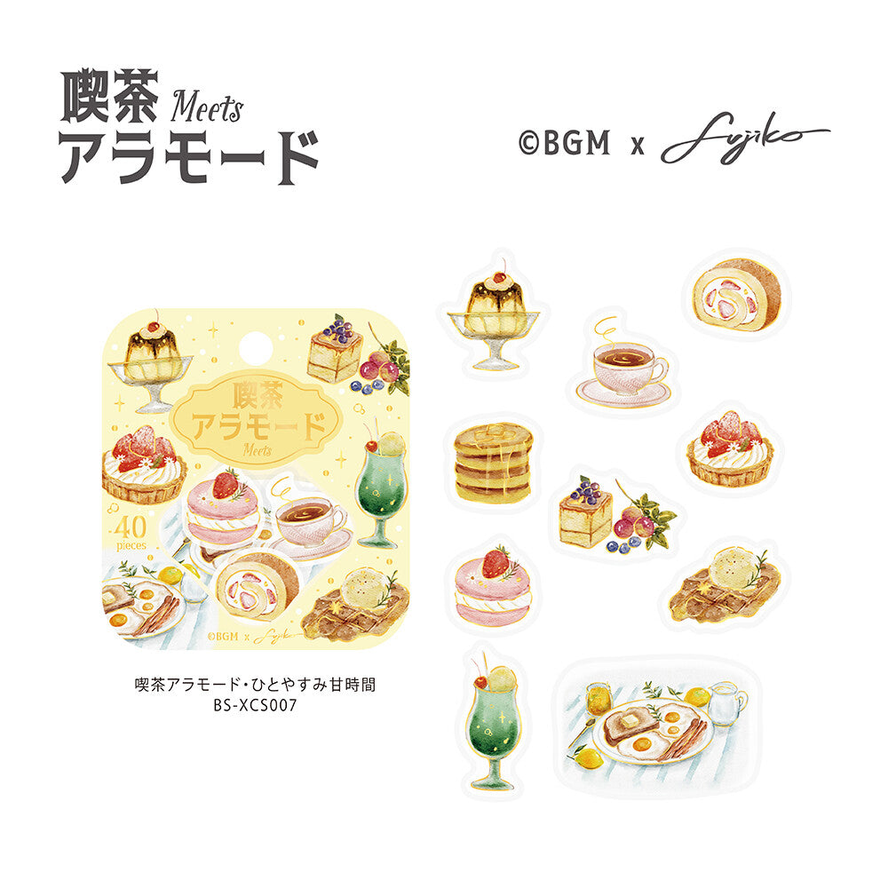 Sticker sheet and packaging for 'Oomaa Meets Aroma' (喫茶 アラモード) featuring cute watercolor illustrations of cakes, pastries, coffee cups, and drinks on a white background.