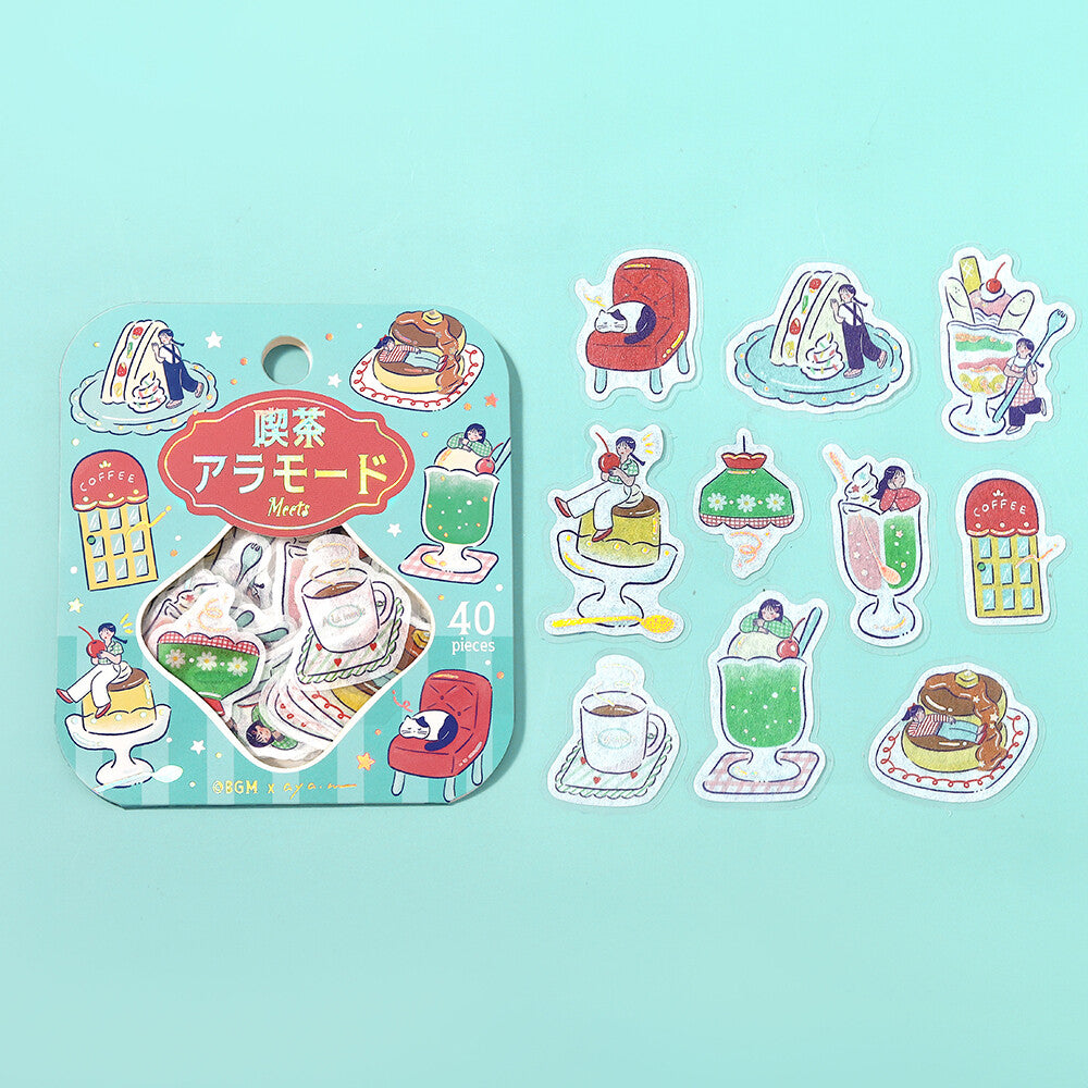 A package of illustrated sticker sheets with a matching display of individual stickers on a light aqua background. The stickers feature whimsical dessert, drink, and furniture illustrations in pastel colors with small anime-style characters.