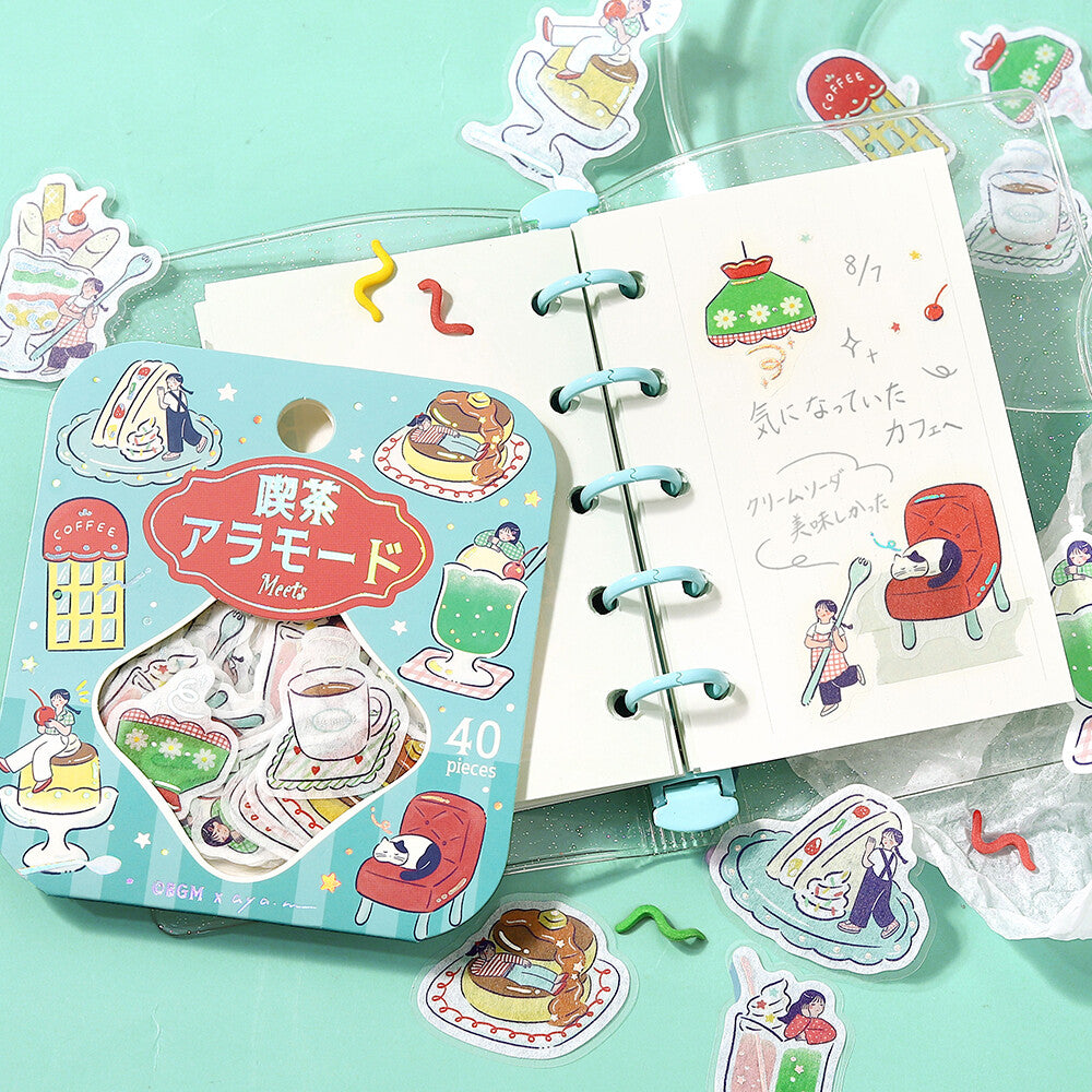 A packaged set of decorative stickers arranged on a mint green surface, with an open ring-bound notebook showing hand-drawn illustrations and text. The main sellable item appears to be the sticker set, and the packaging is visible alongside the product.