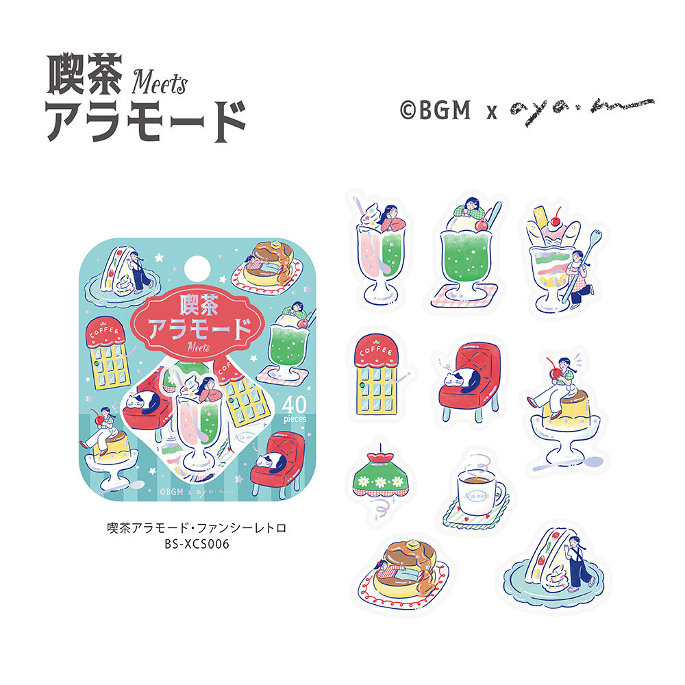 Sticker sheet packaging and individual sticker designs from the collaboration 'Ojiji Meets Ala Mode' (BGM x aya.ino).
