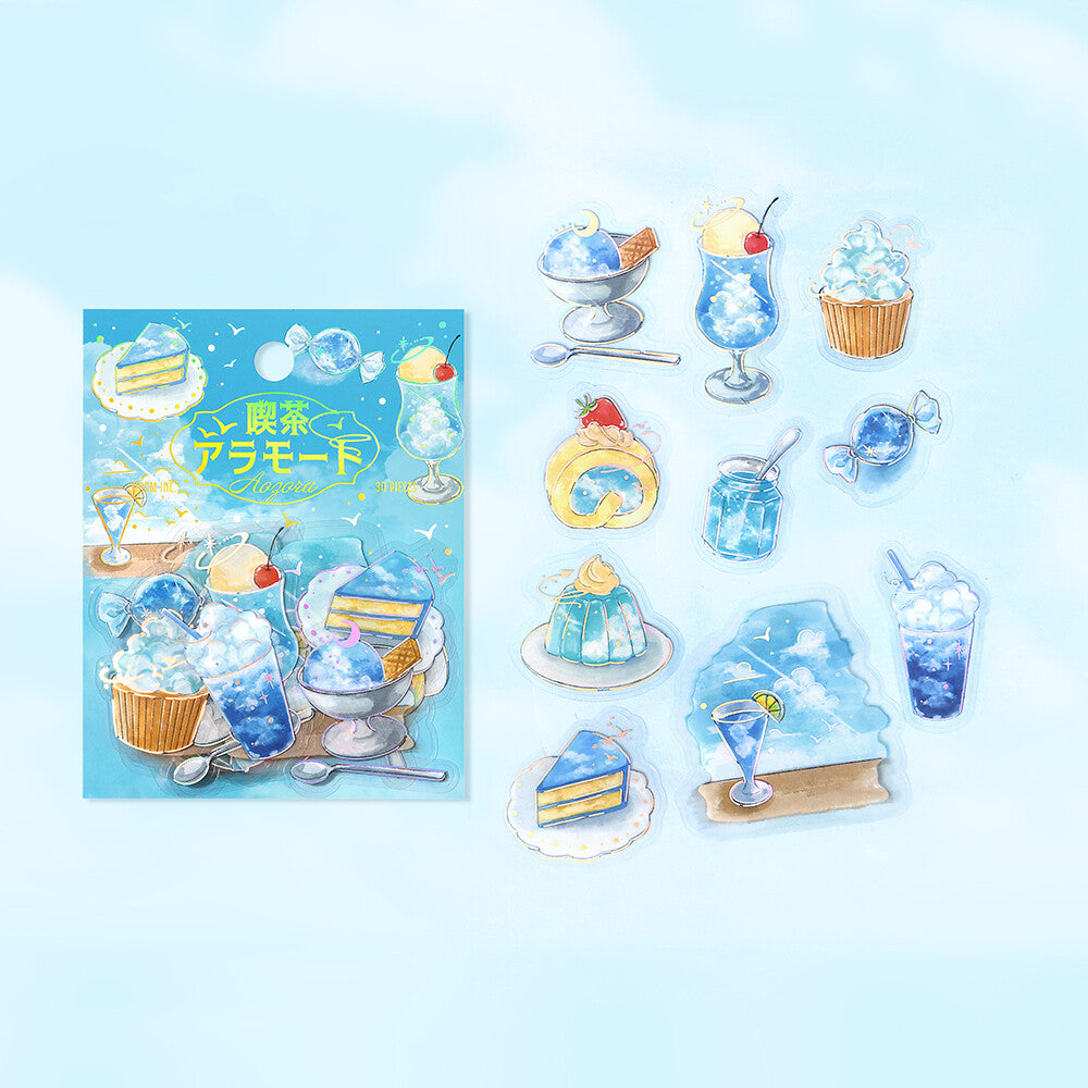 Set of ice cream and dessert-themed stickers on a light blue background