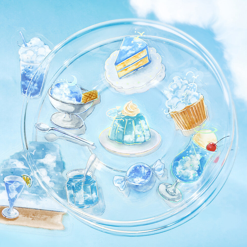 A whimsical pastel illustration of a round glass plate holding assorted desserts and drinks, including a slice of blue cloud cake, gelatin, cupcakes, and icy cocktails, set against a soft blue sky background with clouds.