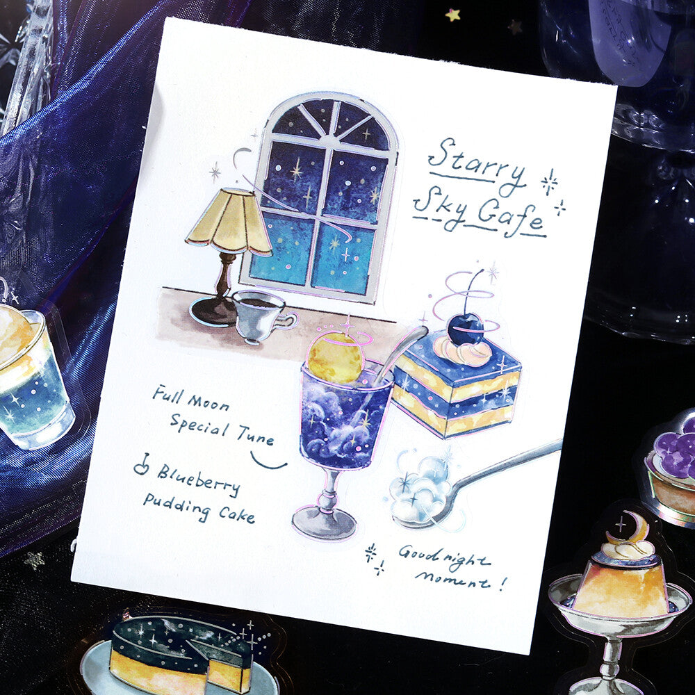 Illustration of a dessert menu with 'Starry Sky Cafe' theme, featuring a window, lamp, and desserts.