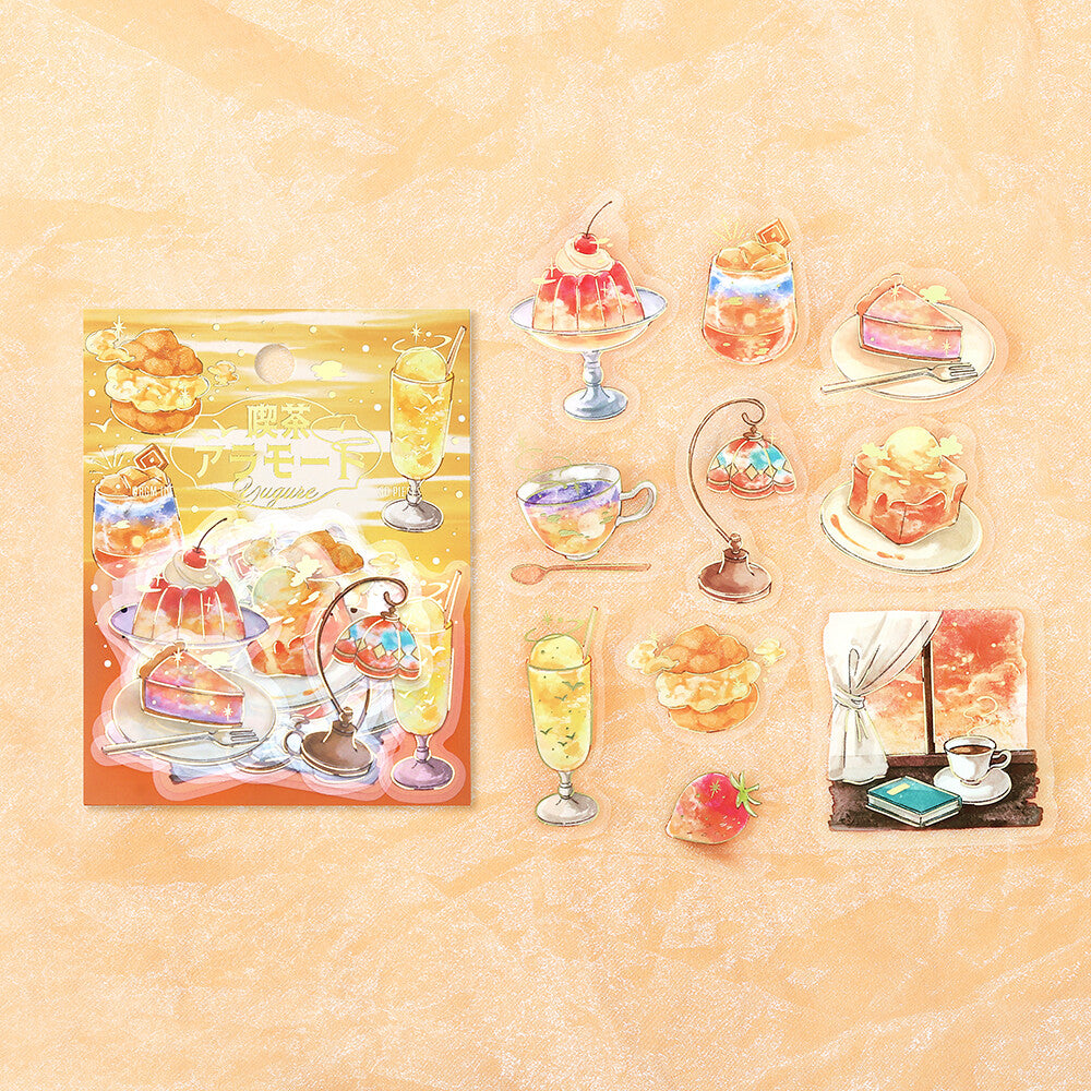 Sticker set with illustrations of desserts and drinks on a textured beige background