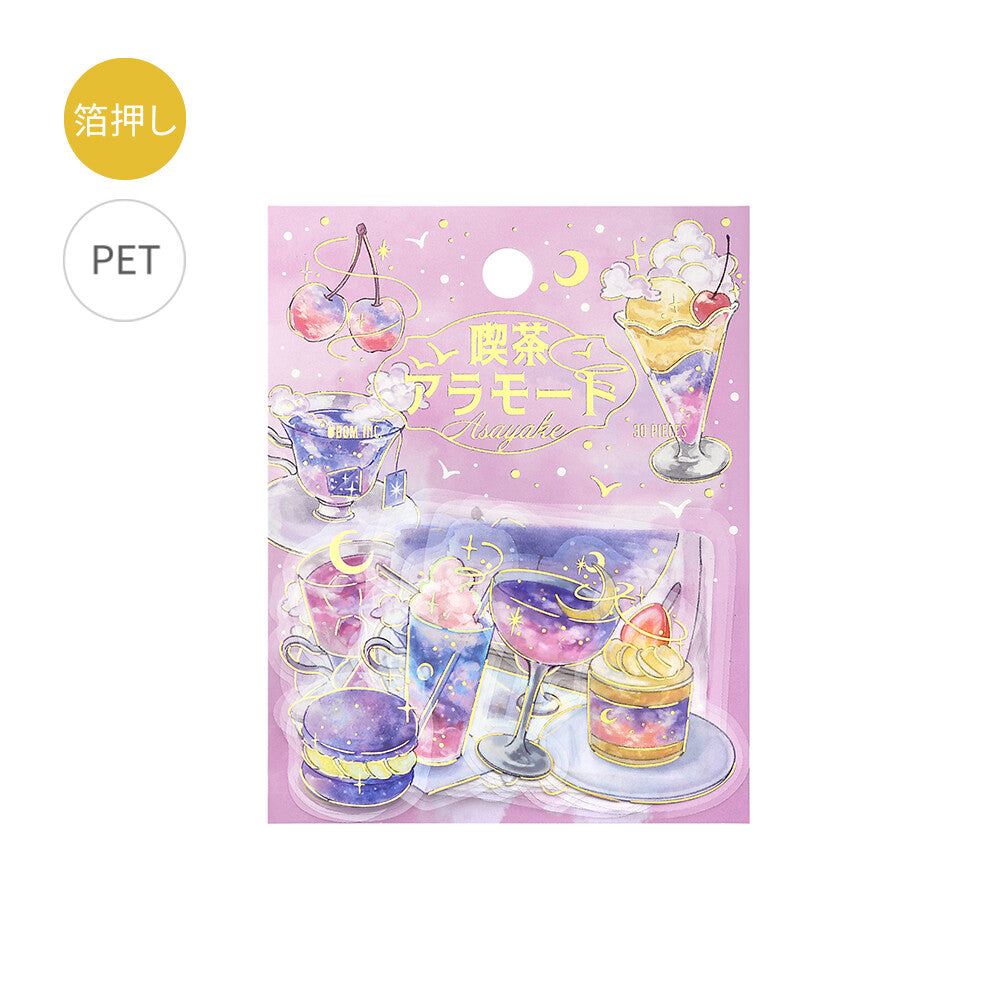 Packaging of decorative stickers with pastel colors and drink illustrations on a pink background.
